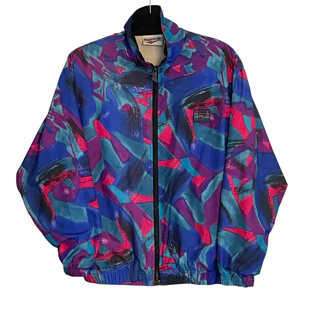 Vintage Reebok 90s Abstract‎ Geometric Windbreaker Jacket Blue Purple Pink Small